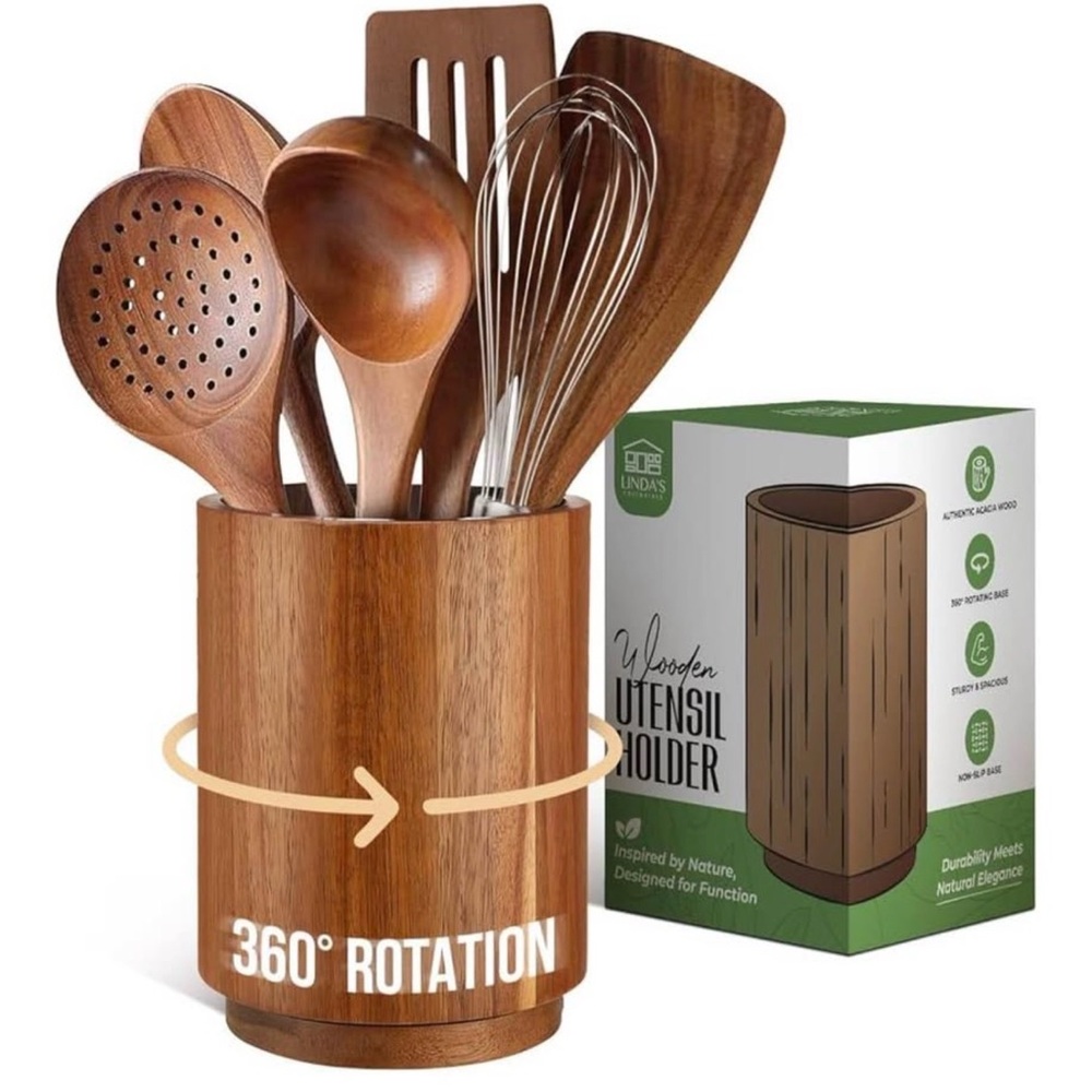 360 Acacia Wooden Utensil Holder for Kitchen Counter